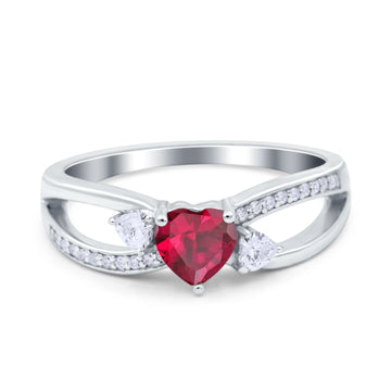 Heart Three Stone Art Deco Simulated Ruby CZ Engagement Promise Ring 925 Sterling Silver
